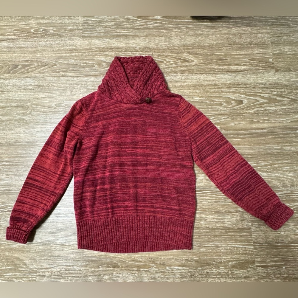 Jeanne Pierre Pink Marled Cotton Shawl Neck Cable Knit Sweater Large Rustic Cozy